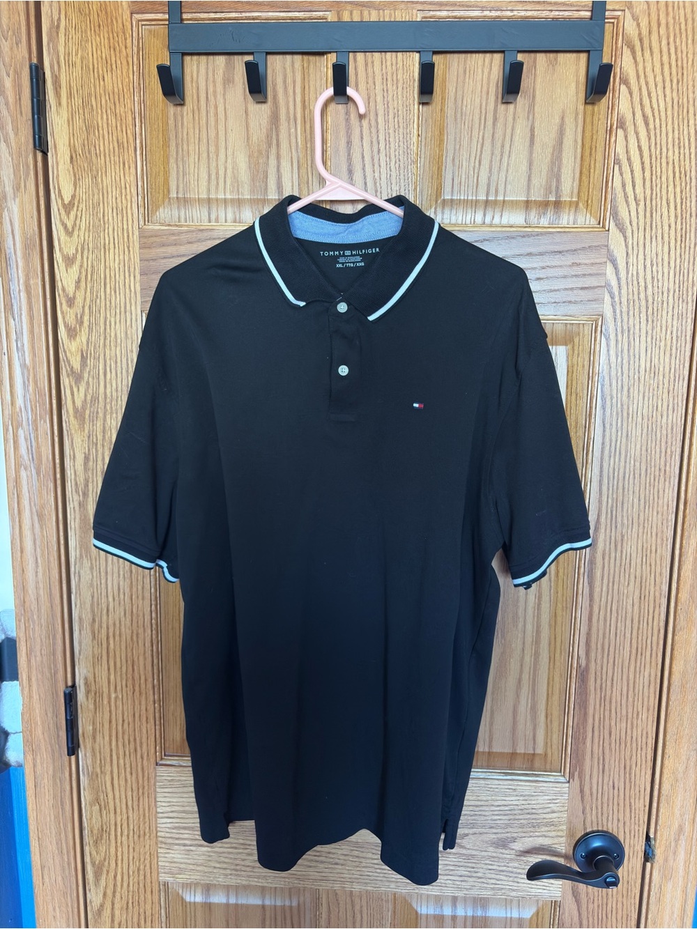 Tommy Hilfiger Black Polo with White-Trim Collar and Cuffs